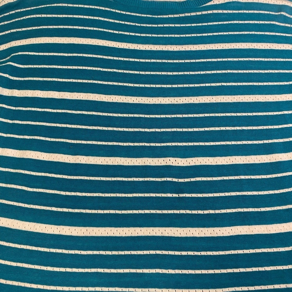 Talbots Sweater Shirt Teal Striped Linen Blend 3/4 Length Medium Petite Coastal - Picture 4 of 16